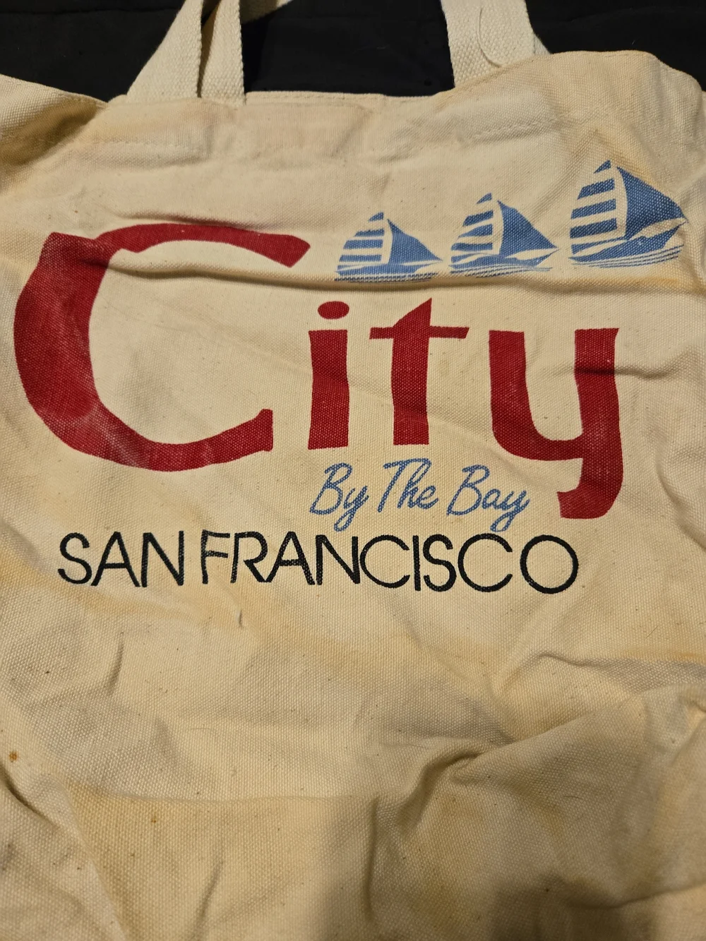 City By The Bay San Francisco Canvas Tote Bag - Cream with Red & Blue Print